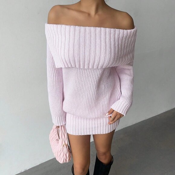 Pink Casual Women's Valentine's Day One Shoulder Knit Mini Dress - Picture 5 of 8